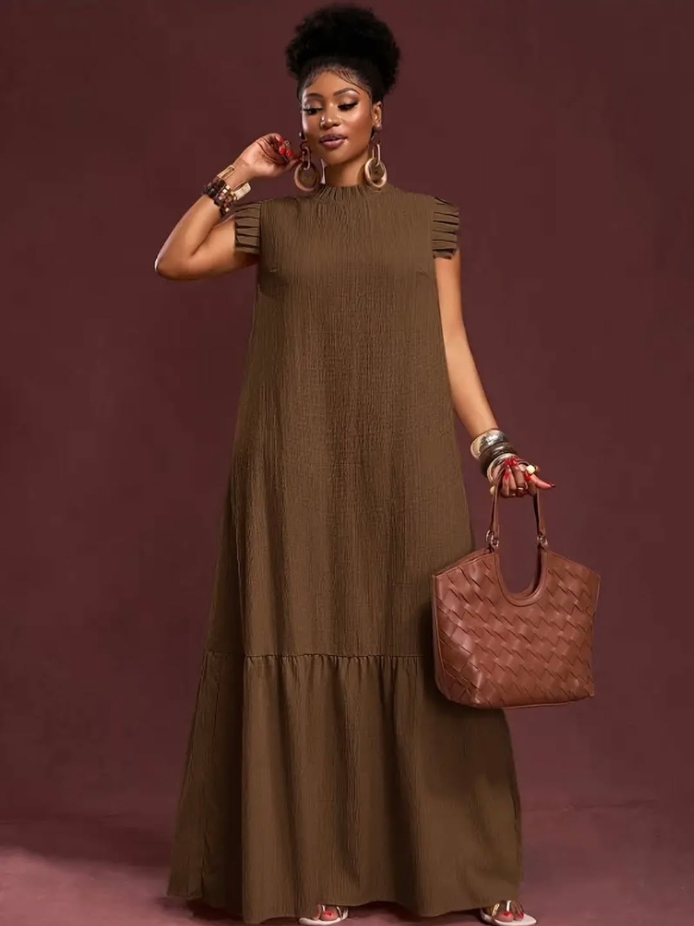Source Unknown Olive Maxi Dress with Pleated Cap Sleeves